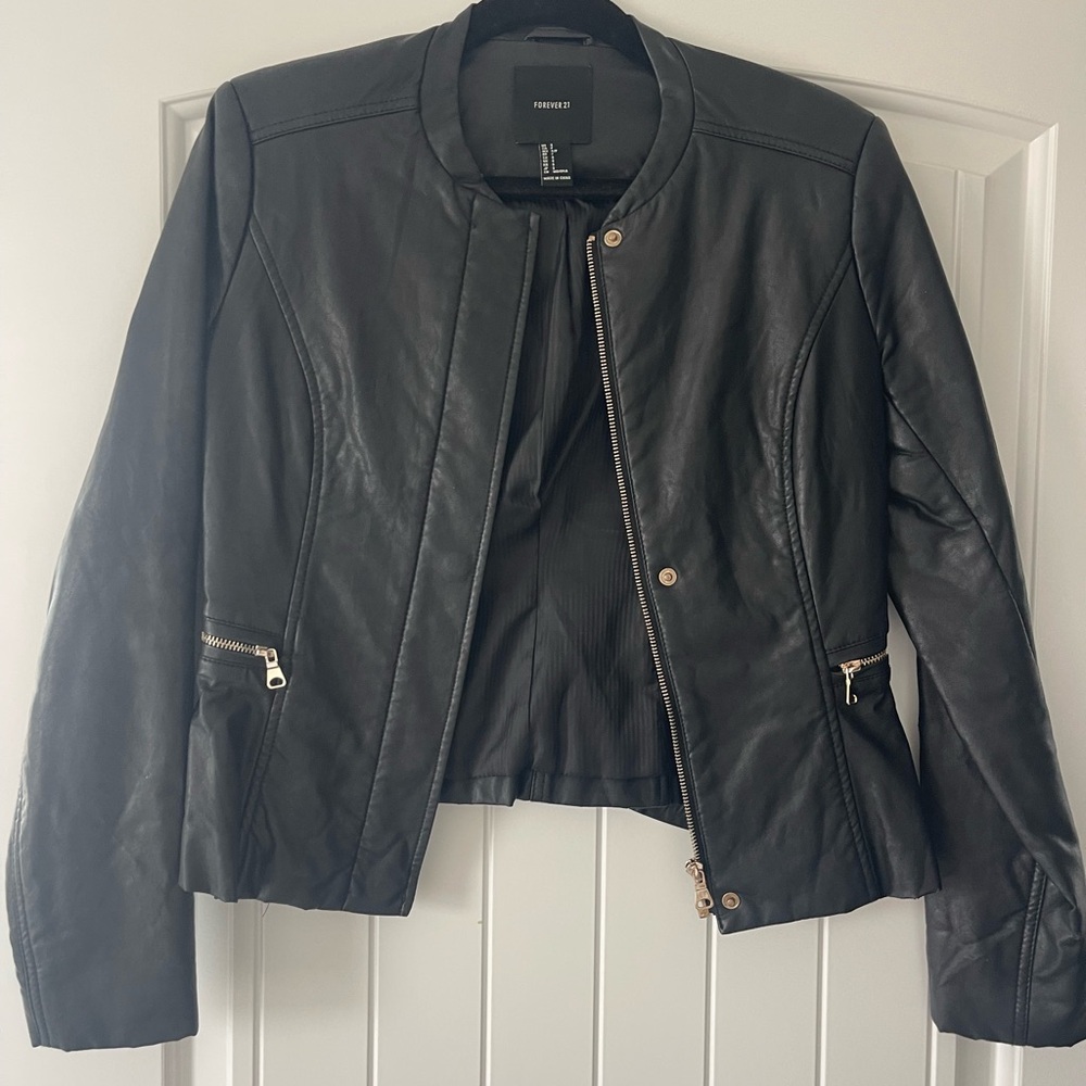 Forever 21 Black Leather Jacket Cropped Moto Style